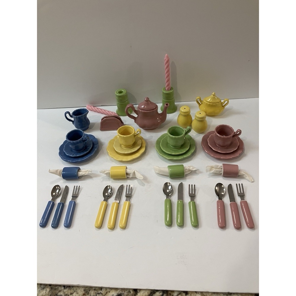 Vtg Frenzy Toys “Fiesta Style” Pastel Ceramic‎ Childs Doll Tea Set 40 Pieces